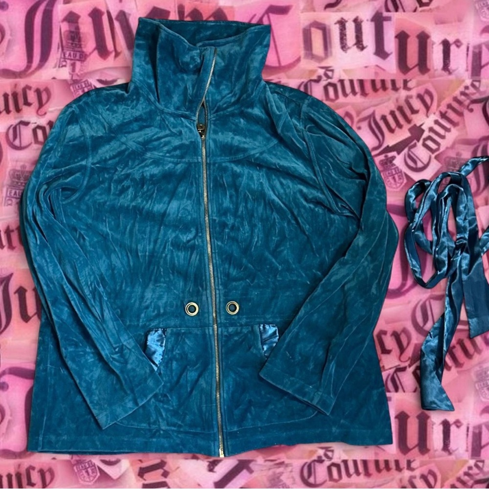 Teal Velvet Zip Up Jacket Cinched Waist Ribbon